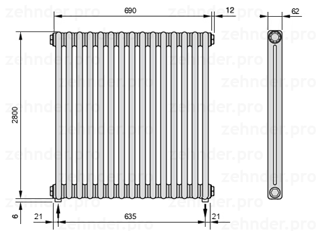 Схема (чертеж) Радиатор Zehnder Charleston 2280/15 №5310 Белый глянцевый RAL 9016